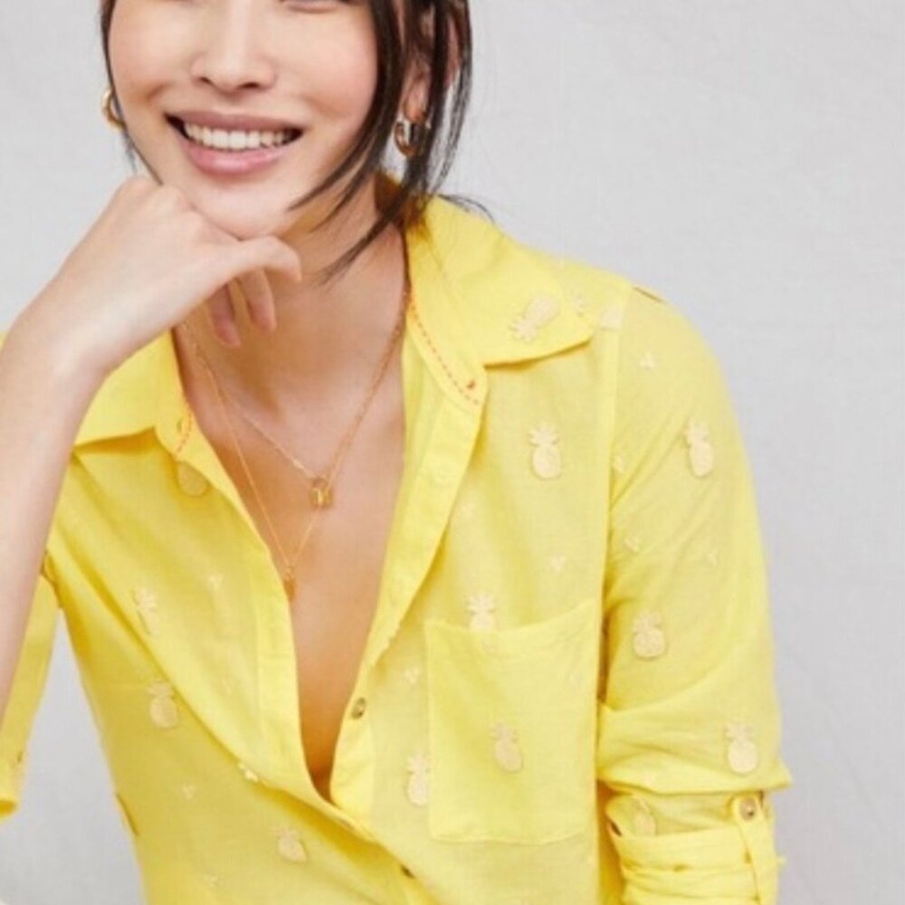 Anthropologie Yellow Pineapple-Embroidered Button-Up Top